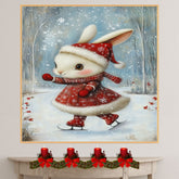Christmas Wall Art Featuring Cute Bunny in Santa Hat Ice Skating in Red Outfit Whimsical Holiday Illustration for Winter Nursery Decor and Animal Lovers on Ready to Hang 1.5" Thick Canvas Wrap, Floating Framed Canvas, Flat Rolled Canvas